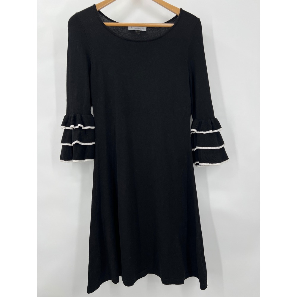 Danny and Nicole Black Knit Tiered‎ Ruffle Bell Sleeve Dress White Trim Small